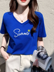 Slim Loose Design Cotton T-Shirt V-Neck Print