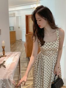 French Initial Gentle Style Orange Bellflower Square Collar Polka Dot Dress Retro Slimming Elegant Underwear Strap Long Dress
