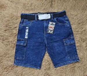 Mens denim shorts with 6 pockets made in Bangladesh featuring cargo pockets and belt loops.