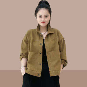 เสื้อแจ็คเก็ตเบสบอลสั้นผู้หญิง ฤดูใบไม้ผลิและฤดูใบไม้ร่วง แฟชั่นลำลอง เสื้อคาร์ดิแกนเปิดคอปกปิด แขนยาว ปกติ