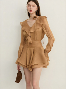 D-PLAY | Ruffle Hem V-neck Yellow Shirt and High Waist Skirt Set