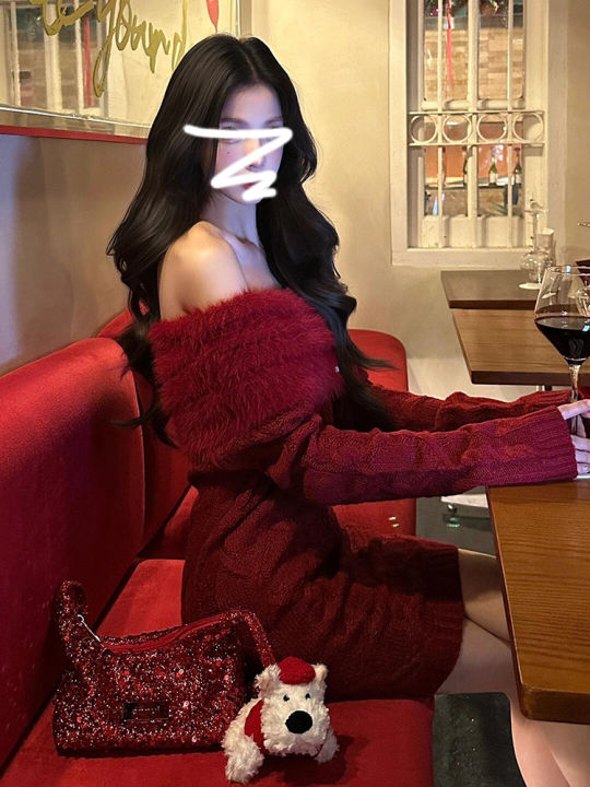 PEIZIXUAN | Off-Shoulder Red Knit Dress Short Skirt | Lazada Singapore