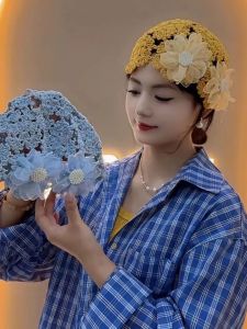 White Lace Knitted Hat Hollow Flower Weaving Thin Scarf Wrapped Head Cap Gentle Fairy Atmosphere Summer 2025 Casual Style