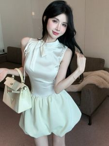 GUZILIAN | Fashionable Butterfly Knot Pure Desire Sweet Short Skirt Puffy Dress Korean Style Commute Spring Season No Sleeve Half High Collar