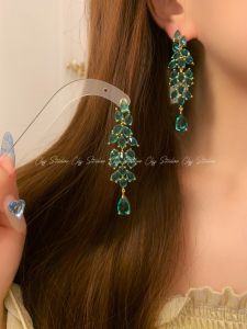 Long Leaf Silver Needle Drop Earrings Womens Fashion Jewelry Cliff Club Chinese Style Fresh out New Year Gift Alloy Embedded