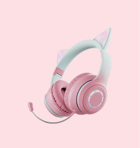 New Best Selling RGB Head-mounted Bluetooth Headphone Gradient Color Led Luminous Cat Ears Wireless Headset Cute Girl Earphone