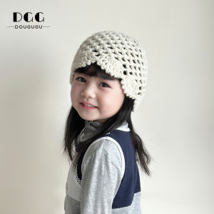 Hand Knitted Childrens Hat Vintage Hollow out Turtleneck Girls Knit Cap Breathable Cotton Butterfly Knot Design Middle Thickness