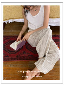 Nicepeople 2024SS Casual Linen Blend Striped Wide Leg Pants Comfortable Homebody Style Artistic Commute Suitable Ladies Trousers