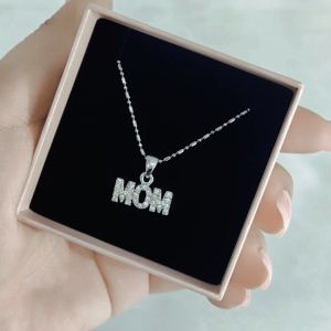 SO SEOUL Glimmering "MOM" White Austrian Crystal Pendant Chain Necklace