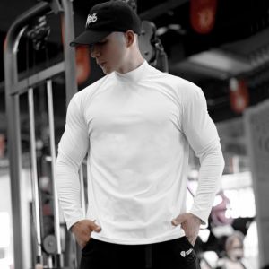 Mens Fitness Long Sleeve Tight Shirt Quick Dry High Elasticity Half High Collar Running Training Muscle Sports T-shirt Base Layer