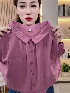 เสื้อเชิ้ตแขนสั้นผ้าฝ้ายแท้สไตล์เกาหลีสำหรับผู้หญิงในช่วงฤดูร้อน ทรงหลวม ปกพับ สไตล์ย้อนยุค ป้องกันแสงแดด เสื้อเชิ้ตแขนยาว