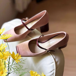 Mary Jane Style High Heels Retro Leather Thick Heel Womens Shoes Fashionable Fairy Evening Shoes Korean Version Slip-On