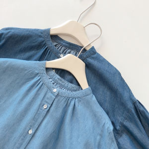 ฤดูใบไม้ผลิ ฤดูร้อน ผู้หญิง เรียบง่าย สไตล์ ผ้าไหม เดนิม เสื้อเชิ้ตตัวเล็ก ปกเสื้อ แขนสามส่วนแบบนุ่ม ผ้าฝ้าย ลำลอง เสื้อทํางาน