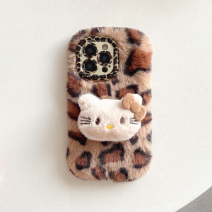 Sanrio | Kawaii Hello Kitty Leopard Print Phone Case For iPhone 17 16 15 14 13 12 11 Pro Max Plus 17 Pro Plush Winter Warm Phone Cover
