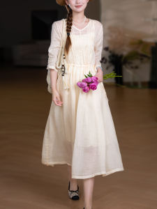 XIAOER | Ramie Fine Weave Accordion Pleated V-Neck Dress with Drawstring Waist