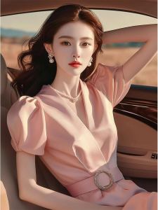 Elegant Pink Dress Formal Occasion Womens Fashion Summer A-Line Skirt Short Sleeve V-Neck Waist Cinched High Quality Dress