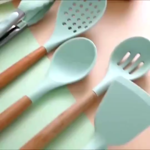12pcs Silicone Utensil Set Heat Resistant Nonstick Kitchen Cooking Baking Tools Wooden Handles