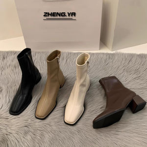 High Heel Boots Womens Autumn and Winter 2023 New Arrival Square Toe Vintage Skinny Boots Chunky Heel Ankle Boots Rear Zipper Martin Boots