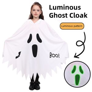 Boys and girls glowing cloaks in the dark cosplay costumes beautiful white ghosts demons performances Halloween themed parti