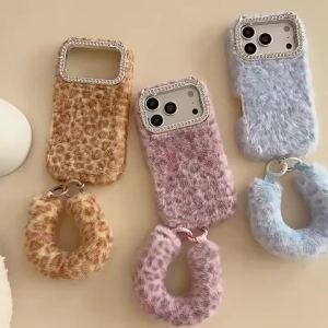 Potdemiel | Luxury Leopard Print Diamond Warm Fluffy Plush Phone Case For iPhone 17 Air 16 15 14 13 Pro Max With Bracelet Shockproof Cover