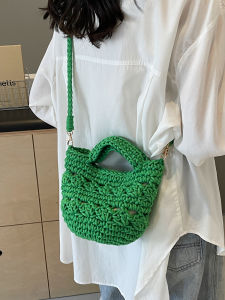 Bohemian Style Bucket Bag Hollow Woven Vacation Crossbody Beach Sandal Handbag Soft Cotton Rope Material Small Size Pure Color