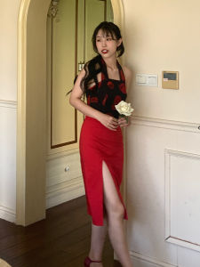 กระโปรงสั้นทรงเอเอวสูงสีแดงสไตล์ฮ่องกงย้อนยุค ดีไซน์ใหม่ ฤดูร้อน 2021 ผ้าโพลีเอสเตอร์ผสมโพลีเอสเตอร์ใหม่