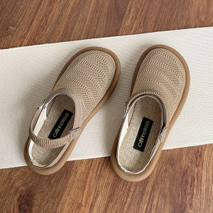 Womens Summer Two-Way Wear Linen Sandals Breathable Hollow out Slip-On Slippers Casual Flat Bottom Rubber Sole Sandals