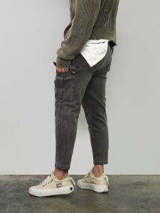 Grey Washed Retro American Style Mens Jeans with Belt Multiple Pockets Slim Fit Nine Point Pants Trendy Cuffed Youth Jeans
