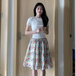 VKSOD | Salt Series Light Maturity Letter Print Shoulder Length Short Sleeve T-Shirt Women Summer Floral Print Skirt Set Round Neck