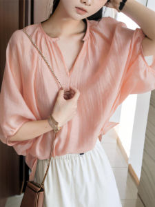 ฤดูร้อน สไตล์ หลวม ผู้หญิง เสื้อเชิ้ต นุ่ม สีส้ม ชมพู คอวี แขนสั้น ลำลอง หลากหลาย สวมใส่สบายเวอร์ชั่นเกาหลี