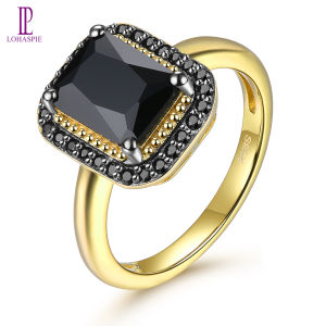 Lohaspie Jewelry Real 2.6 Carats Yellow Gold Plated Ring Silver 925 Original Natural Black Spinel Ring Octagon Cut Gemstone Ring For Women Anniversary Gift Jewewlry