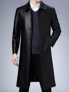 Haining Leather Coat Male Leather Trench Coat Mid Length Long Length Leather Jacket with Velvet Fur Integrated plus Size over the Knee Winter Coat