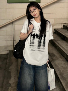 Vintage White Cotton Short Sleeve T-Shirt Womens Summer Street Style Half Sleeve Top Black Shadow Portrait BF Casual Shirt