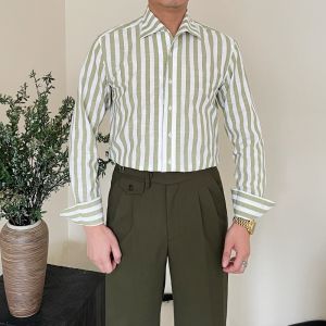 2024 Italian Washed Cotton Linen Stripe Shirt Mens Spring Summer Comfortable Breathable Thin Casual Long Sleeve Shirt
