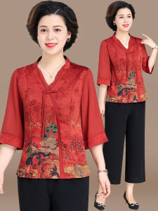 ชุดเสื้อผ้าฤดูร้อนสำหรับคุณแม่สไตล์จีนใหม่ ผ้าซาตินหอม ชุดเสื้อเชิ้ตผู้หญิงวัยกลางคนและผู้สูงอายุ ชุดสองชิ้น แขนยาว ปกติ