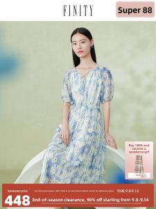 FINITY Monet Garden Floral Print Chiffon Dress Mid-Length Holiday Style Summer New Arrival Womens Fashion A-Line Dress