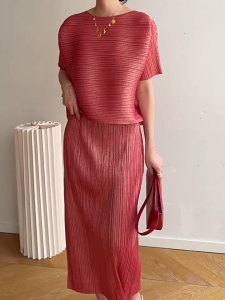 KESHANGYI 2026 New Summer Miyake Womens Pleated Bright silk Two Pieces Set Short Sleeve Top + Long Skirt Korean Elegant Outfit