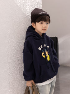 Fleece Lined Hoodie Childrens Winter Clothes Pure Color Baby Cartoon Letter Print Base Layer Trendy Boys Fleece Lined Hoodie