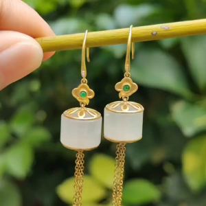 Harmony Cylinder Earrings – White Jadeite 18K Gold & Five Elements Balance - Hook Earrings (Certified GD2202H003324 Sku: 18k11)