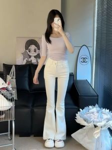 High Waist Bell Bottom Jeans Womens Elastic Waist Pure Desire Korean Style Butt Enhancing Cotton Stretch Denim Pants