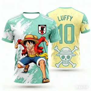 Bandai | One Piece Luffy Soccer Jersey T-shirt Childrens Soccer Shirt Round Neck Breathable Kids and Adults Outdoor Sports T-shirt