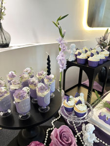 งานเปิดตัว สีม่วง ตกแต่งโต๊ะขนมธีม หวาน สติ๊กเกอร์มูสคัพ อุปกรณ์จัดงานเปิดตัวธุรกิจ