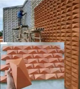 bata tempel moziak hiasan dinding dengan motif piramid varian warna abu putih merah desain minimalis