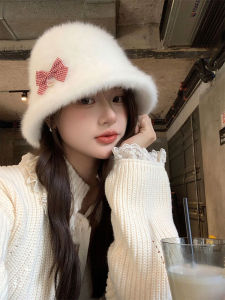 Bows Rabbit Fur Bucket Hat Womens Fall and Winter Sweet Cute White Hat Plush Bucket Hat Thickened Heattech Bucket Hat