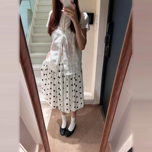 Y6Y | Summer Lightweight White Short Sleeve Womens Shirt French Texture Loose Belted Shoulder Polo Neck Regular Thickness Pure Color