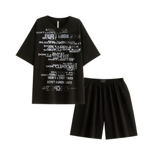 yuenei | Đồ Ngủ Mùa Hè Nam Cảm Giác Mát Lạnh Áo Tay Ngắn Quần Short Màu Đen XL