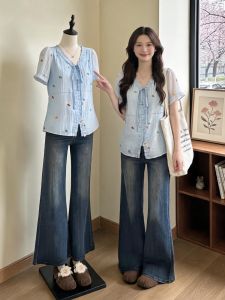Slimming Summer Plus Size Cartoon Embroidery Blue Shirt Short Sleeve