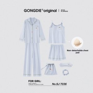 GONGDIE | 3-Piece Set Summer Short Sleeve Cotton Sleepwear