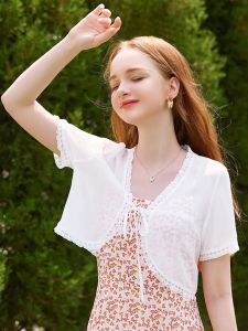 Womens Short Sleeve Sun Protection Lace Shell Top Summer Skirt Outfit Polyester Fiber V-neck Slim Fit Commute Style Shell