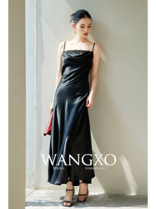 WANGXO | Bộ Đầm Halter Cổ Xẻ Cắt Chéo 45 Độ Phối Ren Vải Acetate Satin Dày